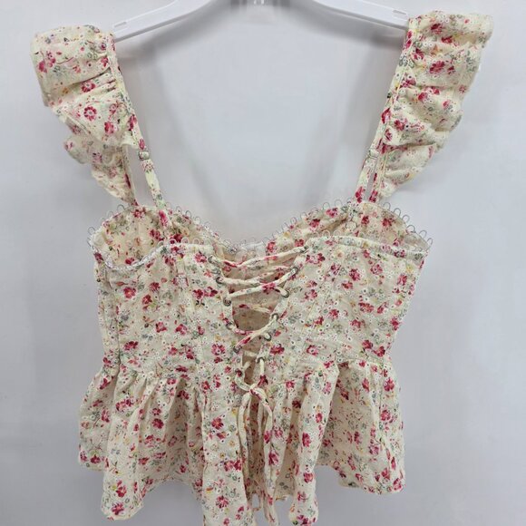 ASTR the Label Cream Floral Crop Top – Size M – Ruffle Strap Eyelet Corset Cami - Picture 8 of 8